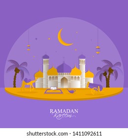 Paper cut illustration of mosque on purple background for Ramadan Kareem festival celebration poster or banner design.