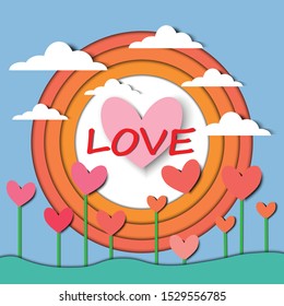 Paper cut illustration of pink heart shape with love lettering and small hearts. Vector colorful greeting card.