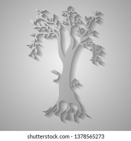 Paper cut illustration of tree in grey background. World Environment Day concept