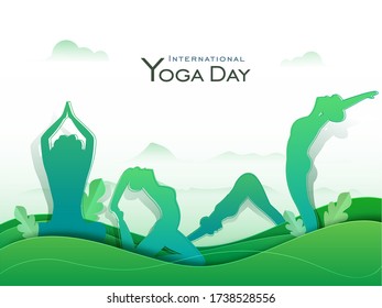 Paper Cut Illustration of Women Doing Yoga in Different Poses with Green Leaves for International Yoga Day.