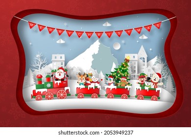 Paper cut illustration of Xmas train in the village in Christmas day