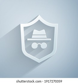 Paper cut Incognito mode icon isolated on grey background. Paper art style. Vector