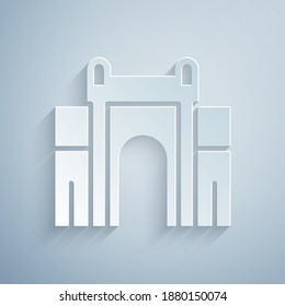 Paper cut India Gate in New Delhi, India icon isolated on grey background. Gate way of India Mumbai. Paper art style. Vector.