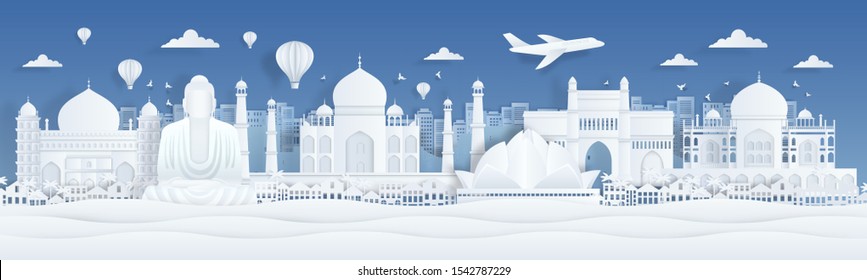 Paper cut India. Travel famous landmarks of India with clouds birds and plane in paper design. Vector banner with city panorama with art illustration landscape mumbai and flight in airplane