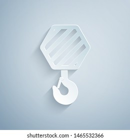 Paper cut Industrial hook icon isolated on grey background. Crane hook icon. Paper art style. Vector Illustration