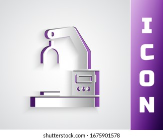 Paper cut Industrial machine robotic robot arm hand factory icon isolated on grey background. Industrial robot manipulator. Paper art style. Vector Illustration