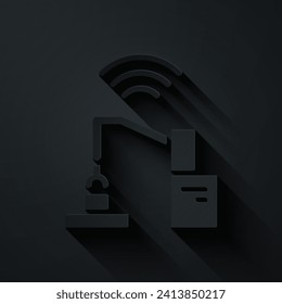 Paper cut Industrial machine robotic robot arm hand factory icon isolated on black background. Industrial robot manipulator. Paper art style. Vector