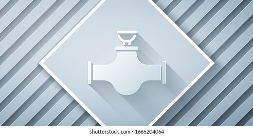 Papierschnitt Industrie Metallrohre und Ventilsymbol einzeln auf grauem Hintergrund. Kunststil aus Papier. Vektorillustration-Illustration