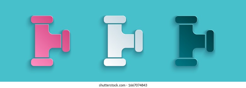 Corte de papel Icono de tubería metálica de la industria aislado en fondo azul. Piezas de tubería de fontanería de diferentes formas. Estilo de arte de papel. Ilustración vectorial