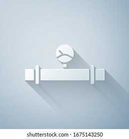 Paper cut Industry metallic pipe and manometer icon isolated on grey background. Paper art style. Vector Illustration