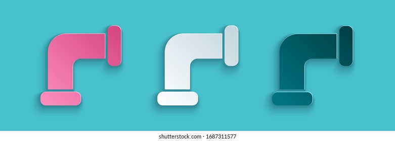 Paper cut Industry metallic pipe icon isolated on blue background. Plumbing pipeline parts of different shapes. Paper art style. Vector Illustration