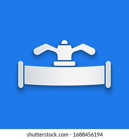 Paper cut Industry metallic pipe and valve icon isolated on blue background. Paper art style. Vector Illustration