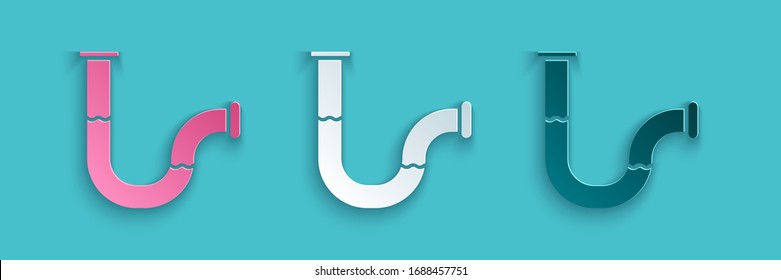 Paper cut Industry metallic pipe icon isolated on blue background. Plumbing pipeline parts of different shapes. Paper art style. Vector Illustration