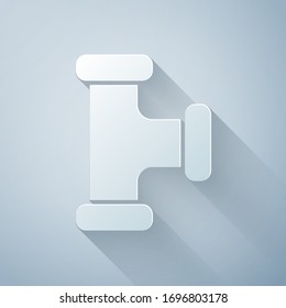 Paper cut Industry metallic pipe icon isolated on grey background. Plumbing pipeline parts of different shapes. Paper art style. Vector Illustration