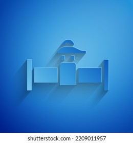Paper cut Industry metallic pipe and valve icon isolated on blue background. Paper art style. Vector