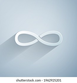 Paper cut Infinity icon isolated on grey background. Paper art style. Vector Illustration