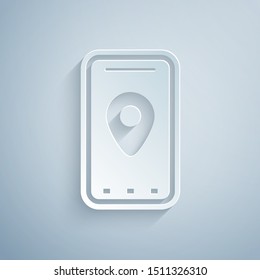 Paper cut Infographic of city map navigation icon isolated on grey background. Mobile App Interface concept design. Geolacation concept. Paper art style. Vector Illustration