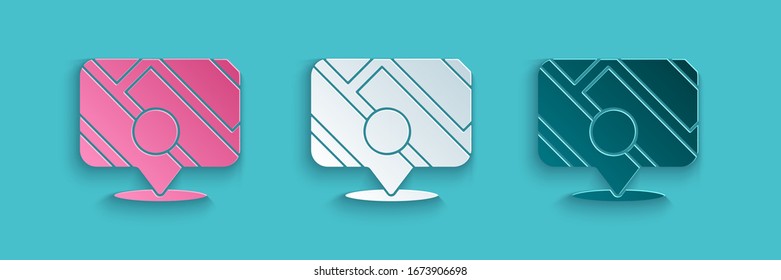 Paper cut Infographic of city map navigation icon isolated on blue background. Mobile App Interface concept design. Geolacation concept. Paper art style. Vector Illustration