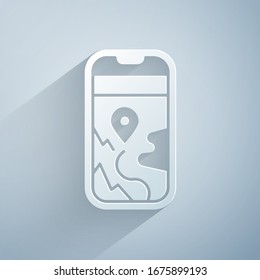 Paper cut Infographic of city map navigation icon isolated on grey background. Mobile App Interface concept design. Geolacation concept. Paper art style. Vector Illustration