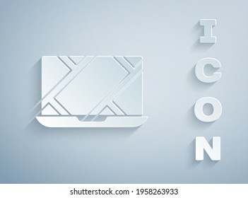 Paper cut Infographic of city map navigation icon isolated on grey background. Laptop App Interface concept design. Geolocation concept. Paper art style. Vector Illustration