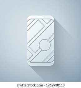 Paper cut Infographic of city map navigation icon isolated on grey background. Mobile App Interface concept design. Geolacation concept. Paper art style. Vector Illustration