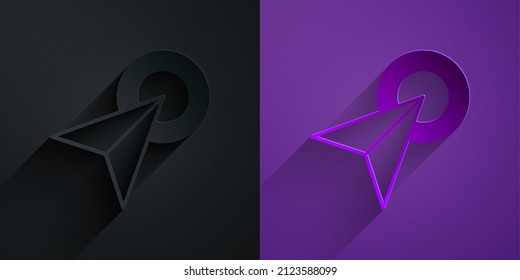 Paper cut Infographic of city map navigation icon isolated on black on purple background. Interface concept design. Geolocation concept. Paper art style. Vector