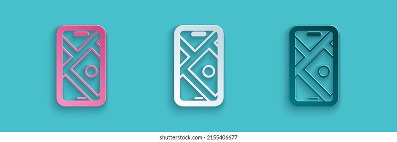 Paper cut Infographic of city map navigation icon isolated on blue background. Mobile App Interface concept design. Geolacation concept. Paper art style. Vector