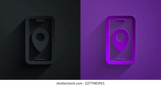 Paper cut Infographic of city map navigation icon isolated on black on purple background. Mobile App Interface concept design. Geolacation concept. Paper art style. Vector