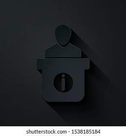 Paper cut Information desk icon isolated on black background. Man silhouette standing at information desk. Help person symbol. Information counter. Paper art style. Vector Illustration