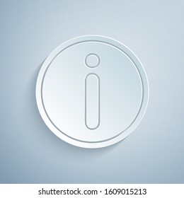 Paper cut Information icon isolated on grey background. Paper art style. Vector Illustration