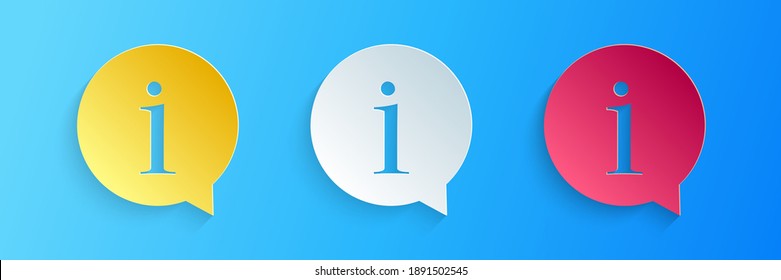 Icono de información de corte de papel aislado en fondo azul. Estilo de arte de papel. Vector.