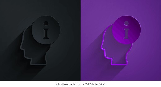 Icono de información aislado en negro sobre fondo púrpura. Estilo de arte de papel. Vector