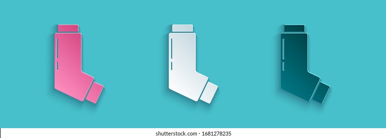 Paper cut Inhaler icon isolated on blue background. Breather for cough relief, inhalation, allergic patient. Medical allergy asthma inhaler spray. Paper art style. Vector Illustration