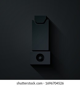 Icono de inhalador de papel aislado en fondo negro. Respirar para el alivio de la tos, inhalación, paciente alérgico. Estilo de arte de papel. Ilustración vectorial