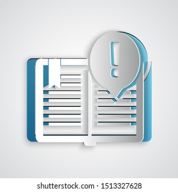 Paper cut Interesting facts icon isolated on grey background. Book or article sign. Exclamation mark sign. Paper art style. Vector Illustration
