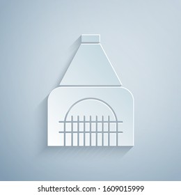Paper cut Interior fireplace icon isolated on grey background. Paper art style. Vector Illustration