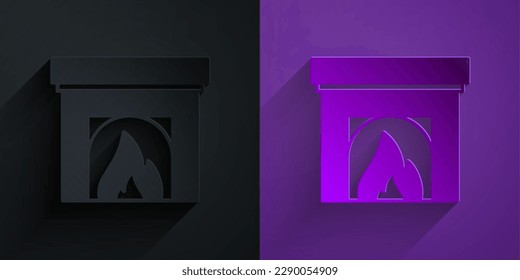 Paper cut Interior fireplace icon isolated on black on purple background. Paper art style. Vector