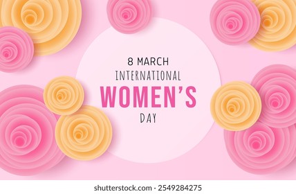 Paper cut of International Women's Day Banner. Flyer for March 8 with flowers decor. 