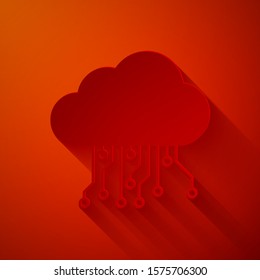 Paper cut Internet of things icon isolated on red background. Cloud computing design concept. Digital network connection. Paper art style. Vector Illustration