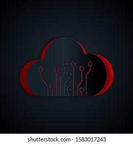Paper cut Internet of things icon isolated on black background. Cloud computing design concept. Digital network connection. Paper art style. Vector Illustration