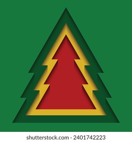 Paper cut into the shape of a green, yellow, red christmas tree. Layered gradient 3d background. Design elements for greeting cards, banners, posters, backdrops, wallpapers. Vector illustration