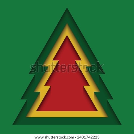 Paper cut into the shape of a green, yellow, red christmas tree. Layered gradient 3d background. Design elements for greeting cards, banners, posters, backdrops, wallpapers. Vector illustration