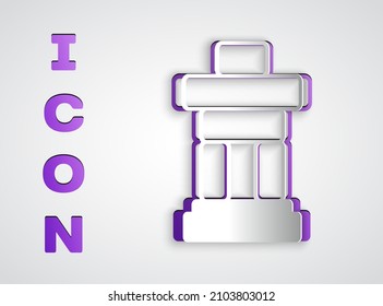 Paper cut Inukshuk icon isolated on grey background. Paper art style. Vector