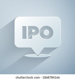 Oferta pública inicial de recorte de papel - icono de lanzamiento del mercado de valores aislado en gris. Estilo de arte de papel. Vector