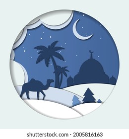 Paper Cut Islamic festival celebration vector scene background. Ramadan Kareem Greeting card with Arabic  Origami Mosque, Crescent Moon, Star, Camel, Date Palm. Paper cut Desert Cave Landscape.