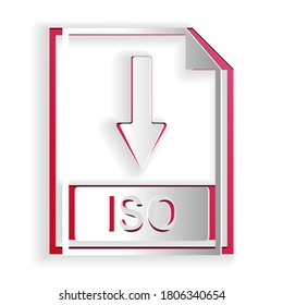 Paper cut ISO file document icon. Download ISO button icon isolated on white background. Paper art style. Vector.