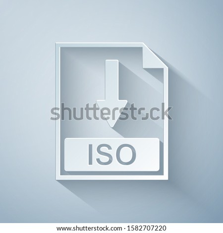 Paper cut ISO file document icon. Download ISO button icon isolated on grey background. Paper art style. Vector Illustration
