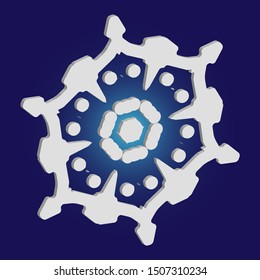Paper cut isolated snowflake on blue background. Vector illustration - poster. Effective concept with expressive forms and colors. White new year and Xmas modern trend design 3d element.