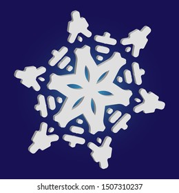 Paper cut isolated snowflake on blue background. Vector illustration - frame. Magic concept with expressive forms and colors. White new year and Xmas modern trend design 3d element.