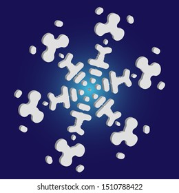 Paper cut isolated snowflake on blue background. Vector illustration - graphics. Cool concept with expressive forms and colors. White new year and Xmas modern trend design 3d element.